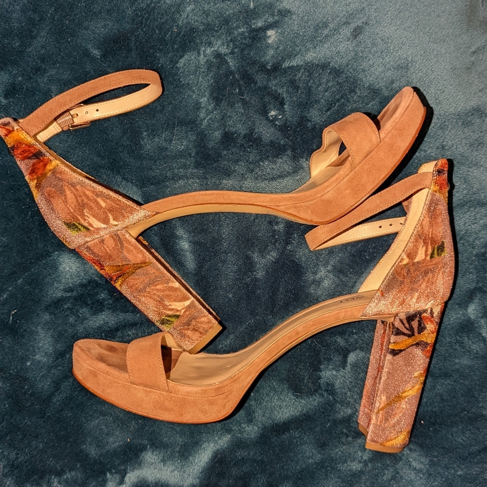 Nine West Dempsey Tan Suede and Floral Velvet Platforms